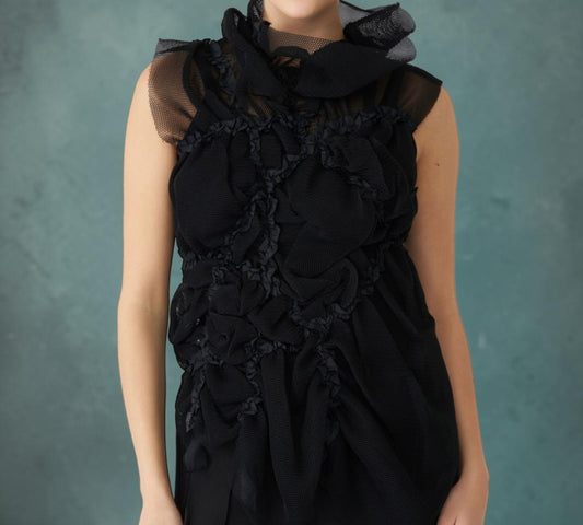 Black Sculptural Mesh Ruffle Statement Blouse - Above the Crowd Boutique