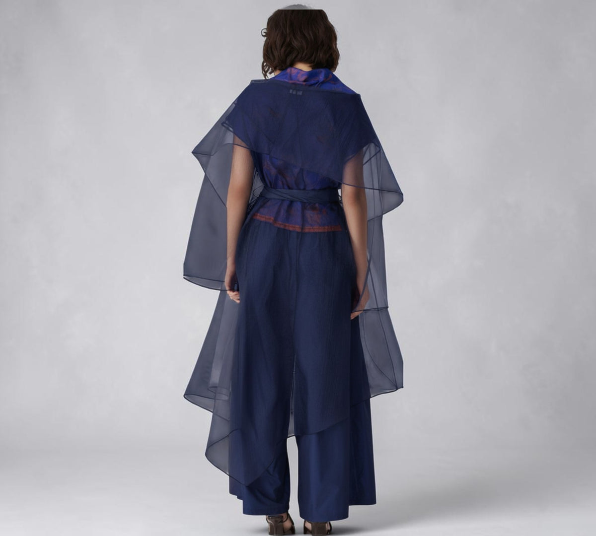 Navy Sheer Organza Draped Cape Cover-Up with Floral Waist Detail - Above the Crowd Boutique