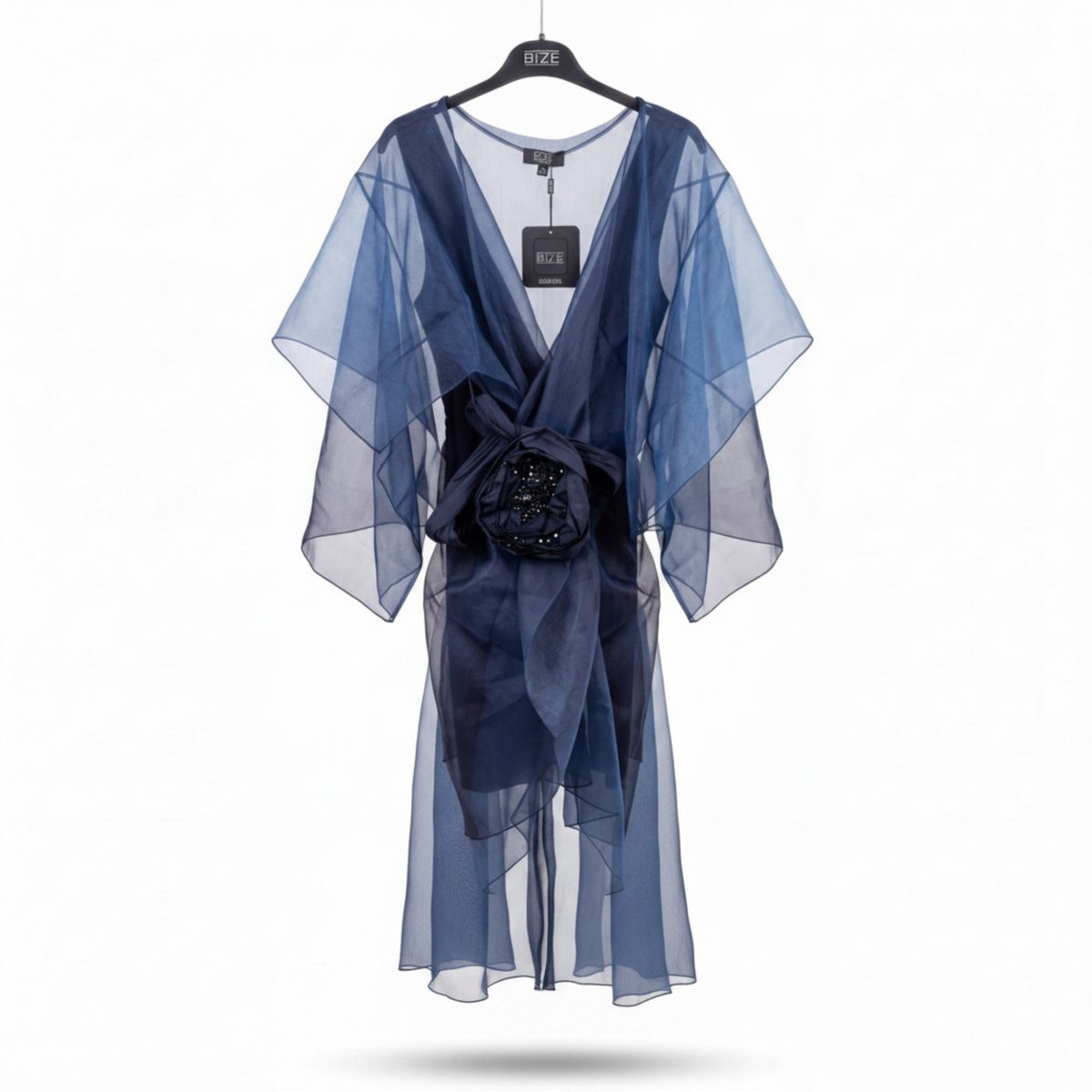 Navy Sheer Organza Draped Cape Cover-Up with Floral Waist Detail - Above the Crowd Boutique