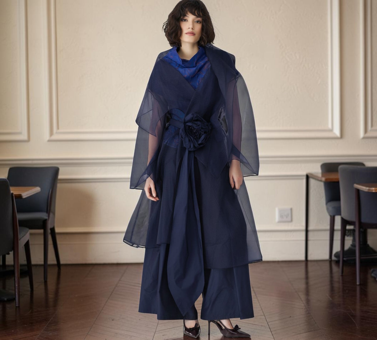 Navy Sheer Organza Draped Cape Cover-Up with Floral Waist Detail - Above the Crowd Boutique