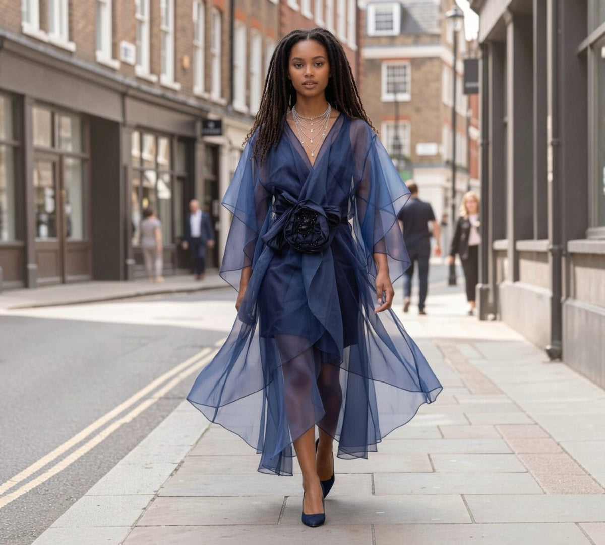 Navy Sheer Organza Draped Cape Cover-Up with Floral Waist Detail - Above the Crowd Boutique