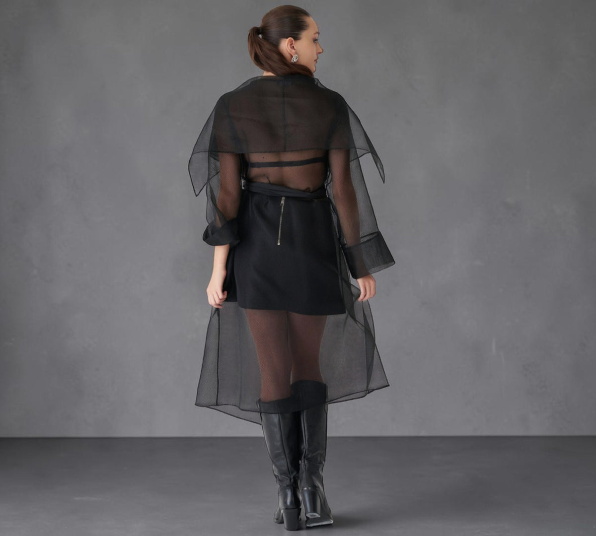 Black Sheer Mesh Long Kimono with Floral Sash - Above the Crowd Boutique