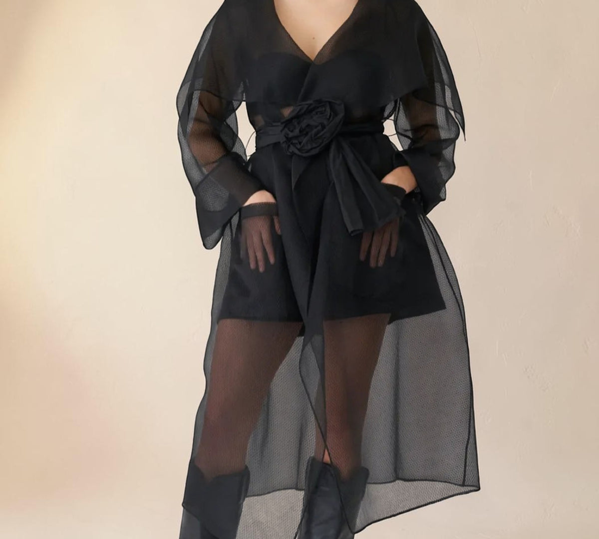Black Sheer Mesh Long Kimono with Floral Sash - Above the Crowd Boutique