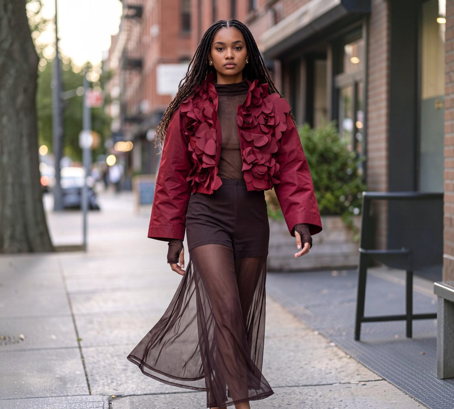 Burgundy 3D Floral Cropped Statement Jacket