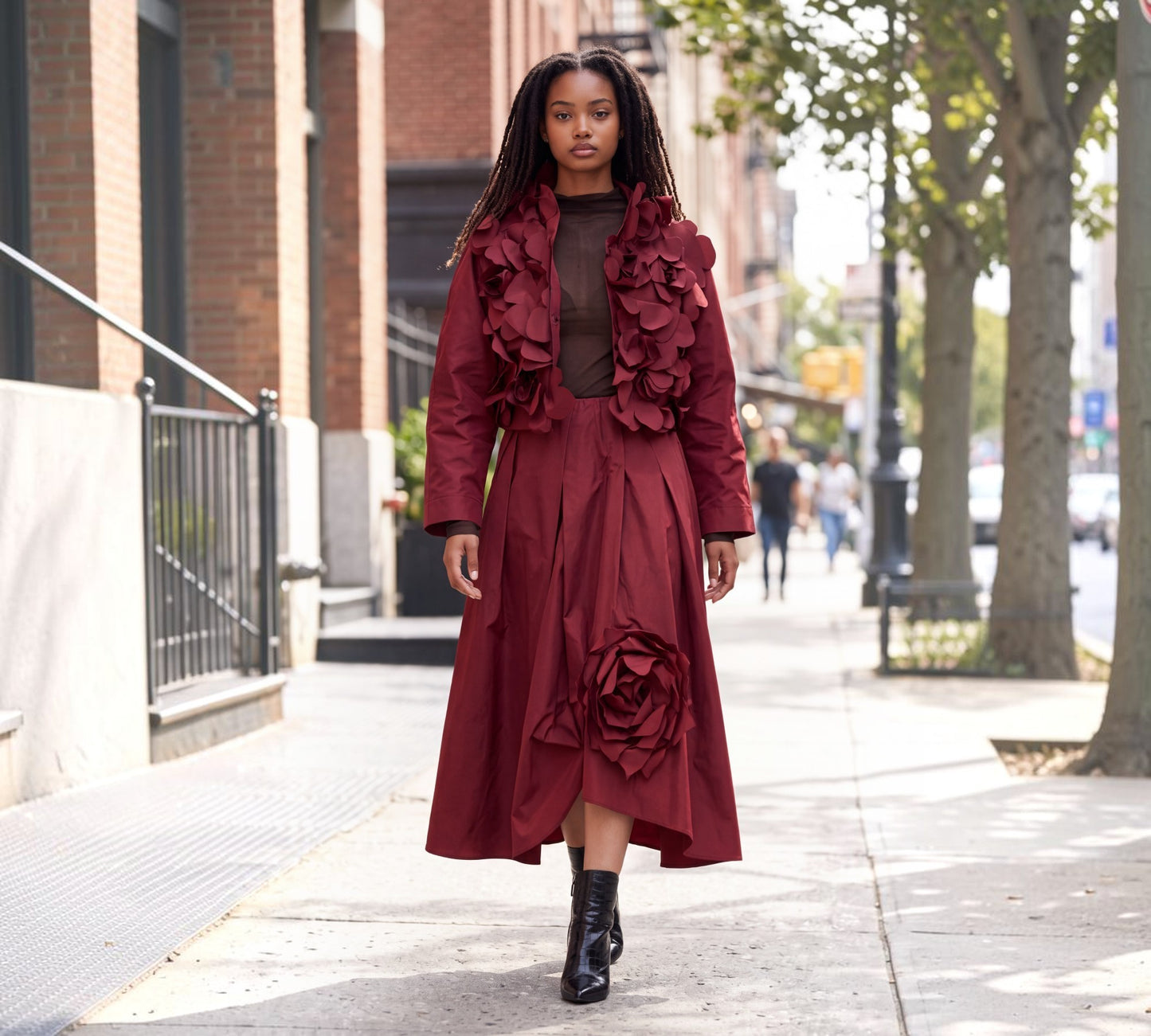 Burgundy 3D Floral Cropped Statement Jacket