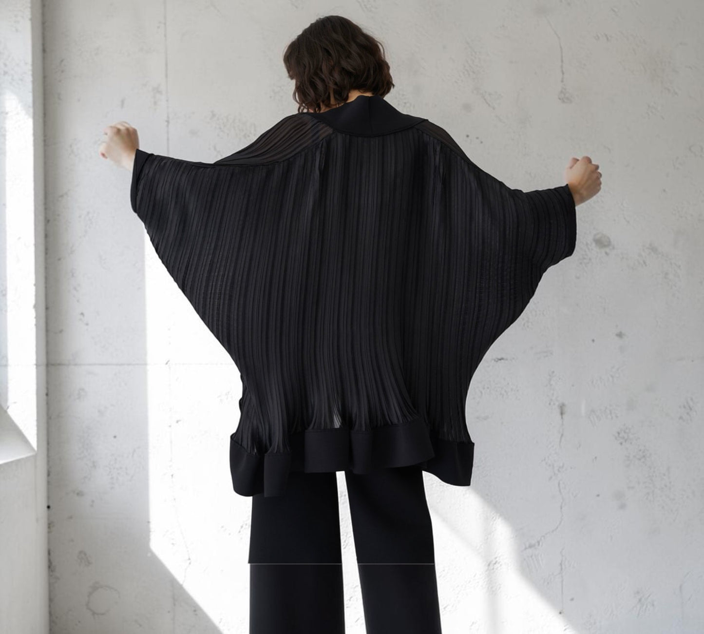 Black Pleated Batwing Cape Jacket - Above the Crowd Boutique