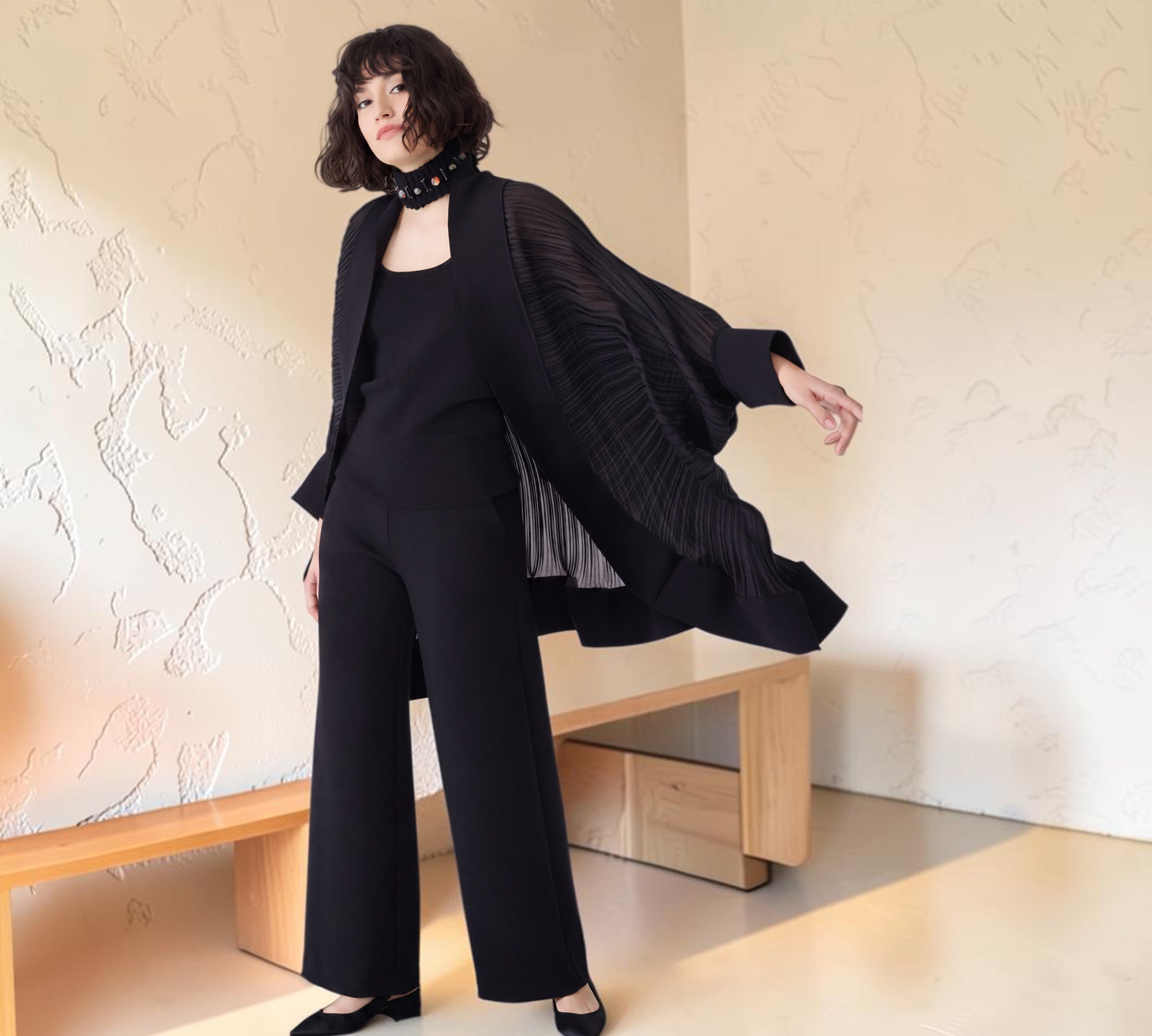 Black Pleated Batwing Cape Jacket - Above the Crowd Boutique