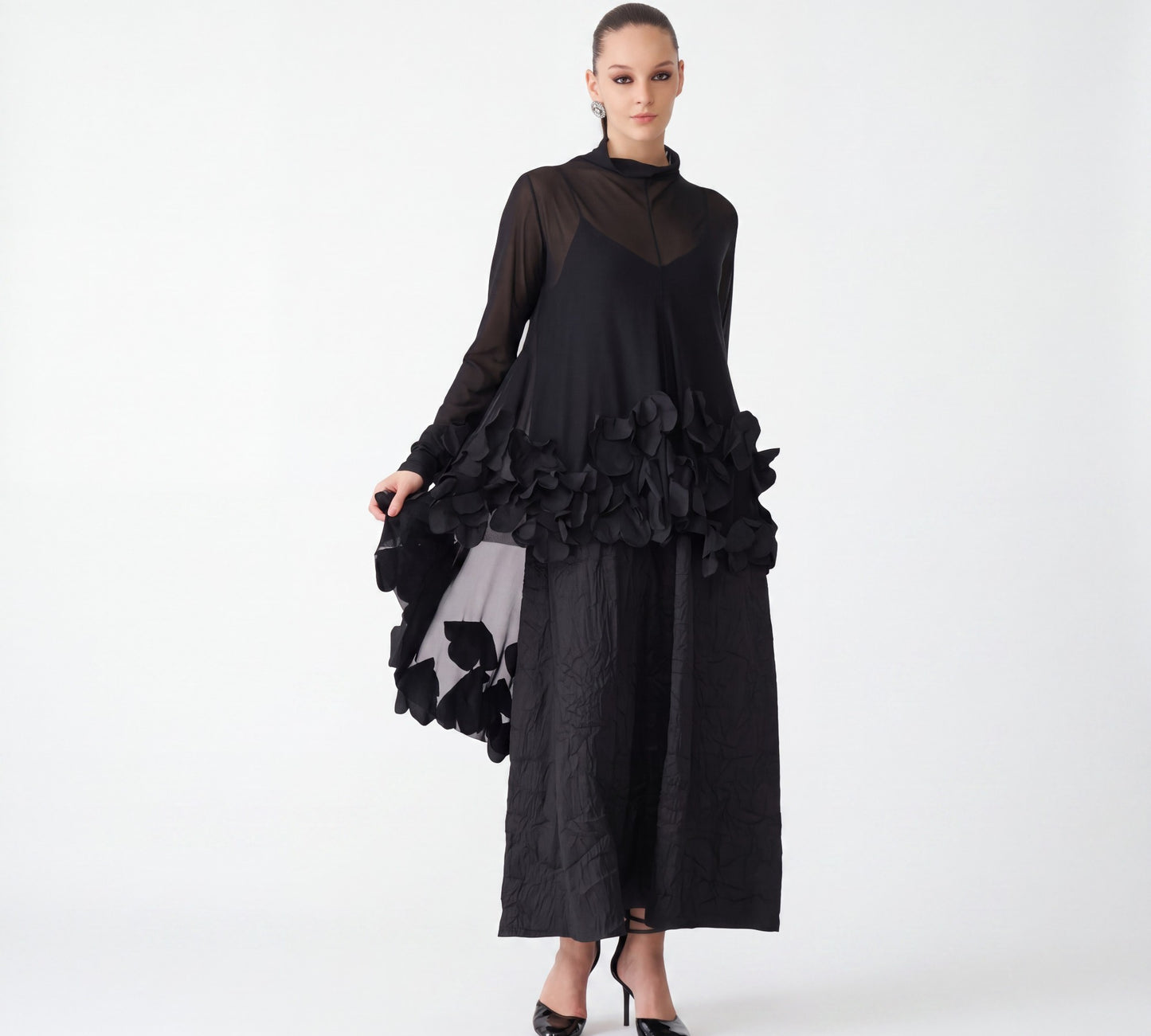 Black Avant-Garde Two-Piece Layered Dress Set with 3D Floral Appliqué - Above the Crowd Boutique