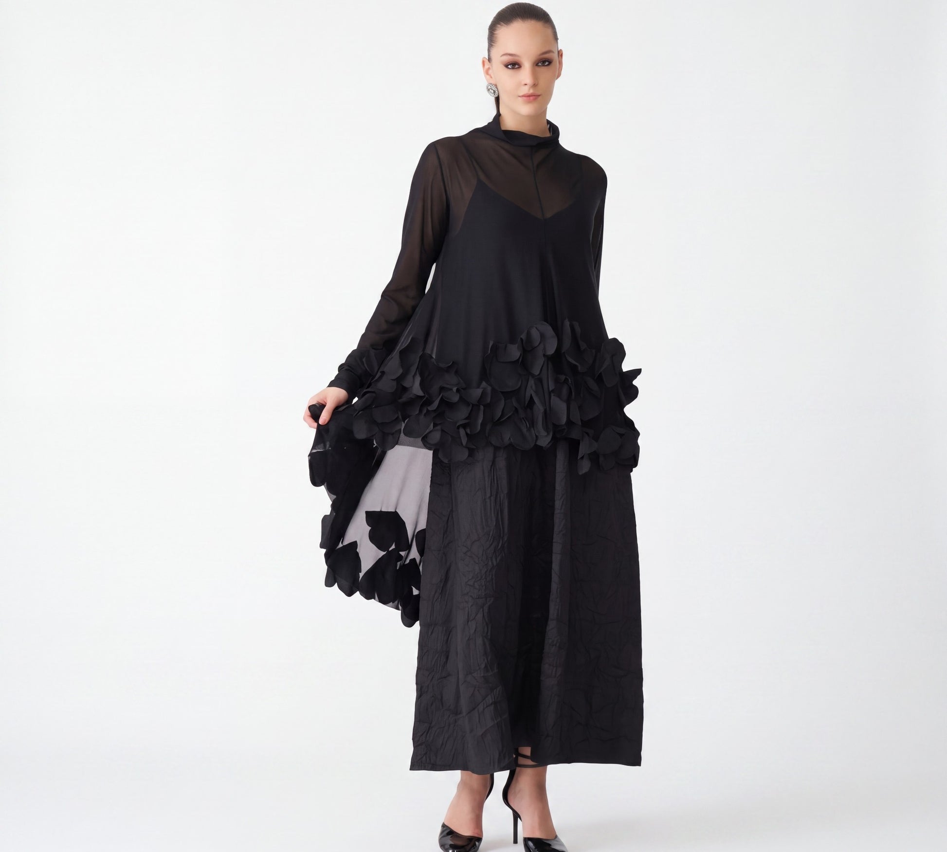 Black Avant-Garde Two-Piece Layered Dress Set with 3D Floral Appliqué - Above the Crowd Boutique