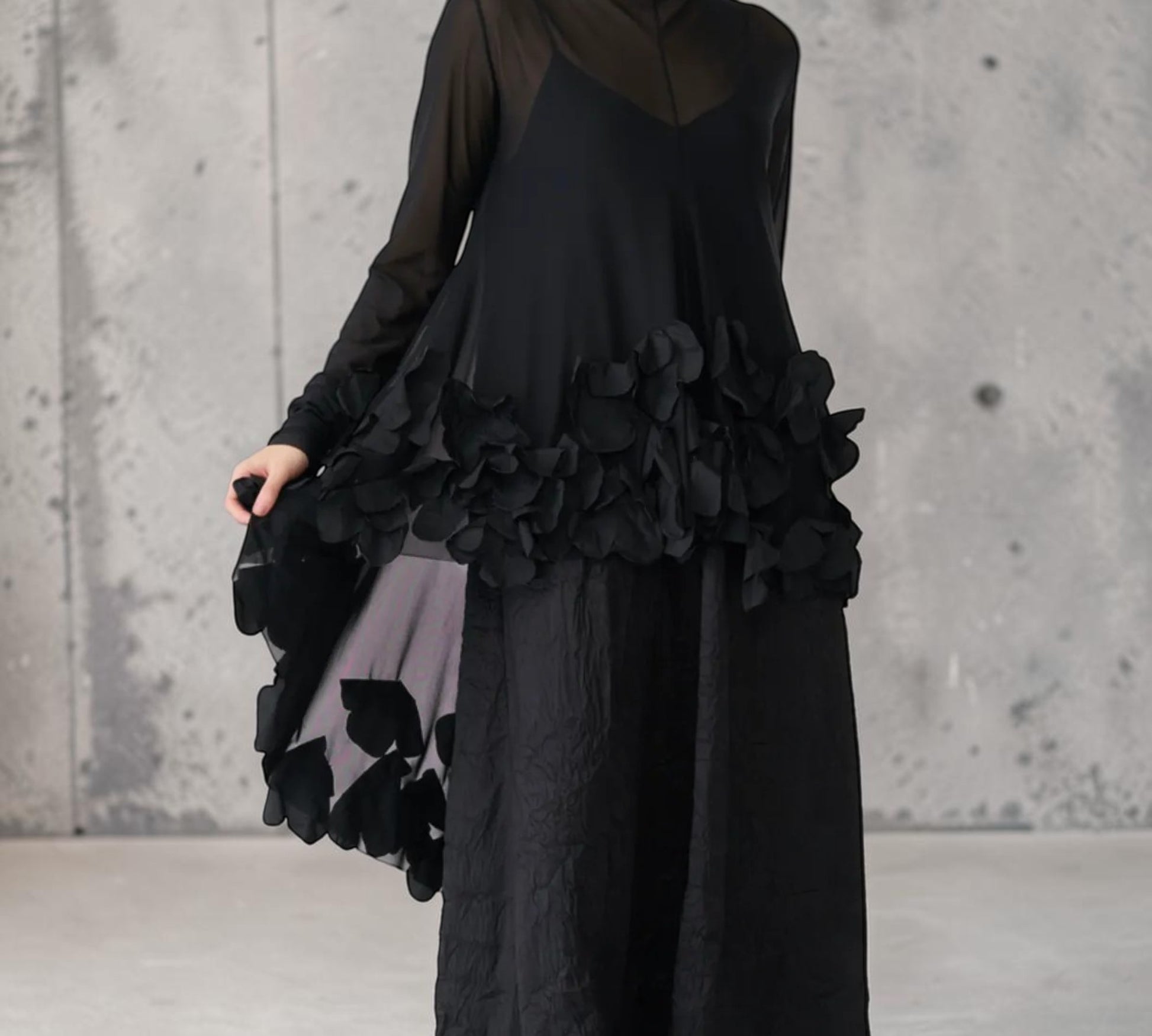 Black Avant-Garde Two-Piece Layered Dress Set with 3D Floral Appliqué - Above the Crowd Boutique