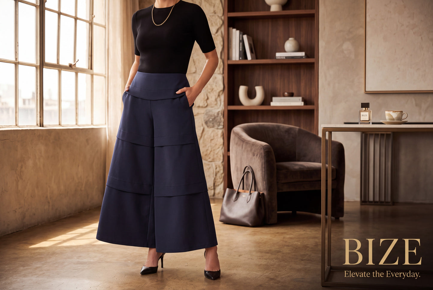 Navy Architectural Wide-Leg Pants with Layered Panel Detailing - Above the Crowd Boutique
