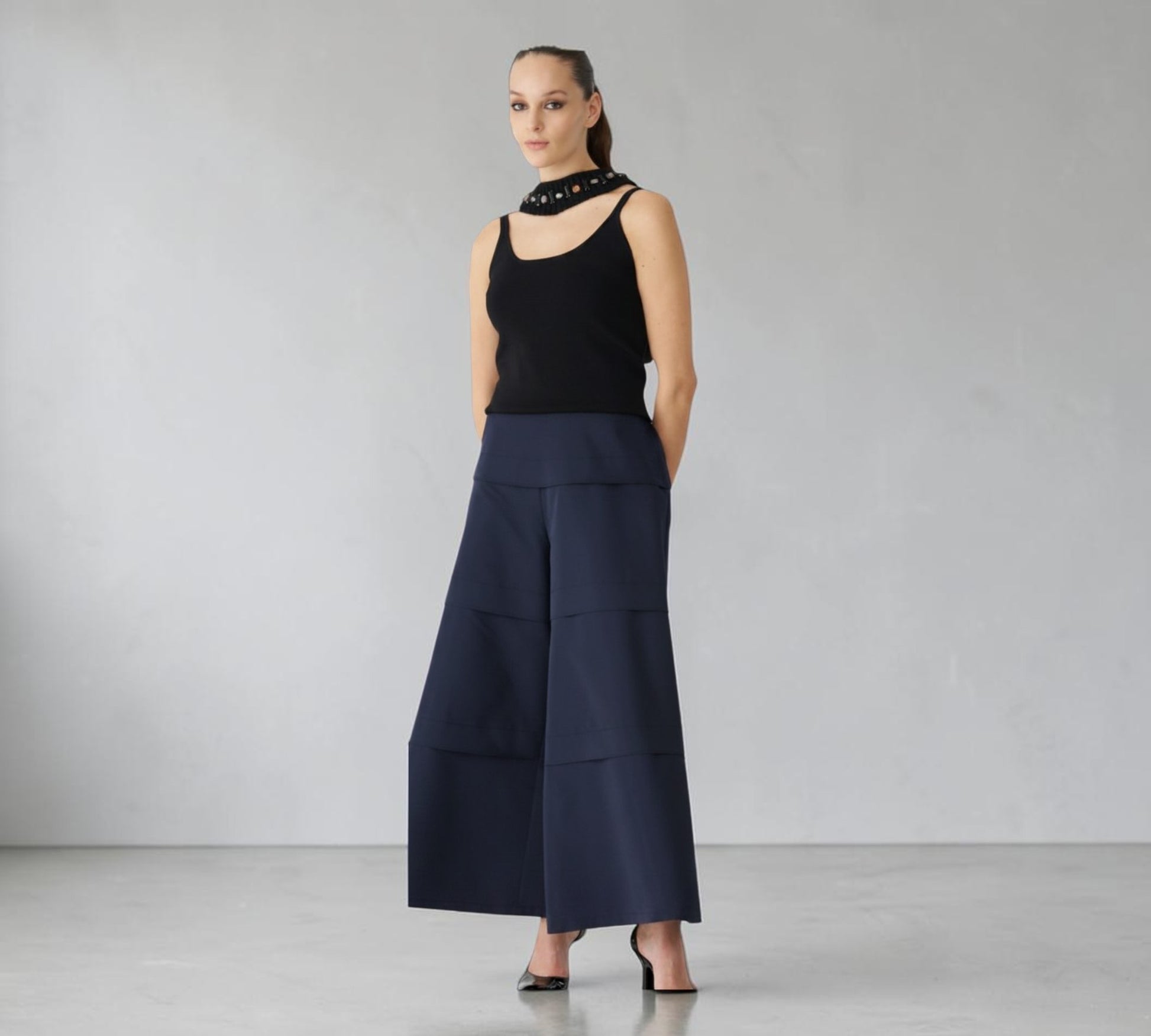Navy Architectural Wide-Leg Pants with Layered Panel Detailing - Above the Crowd Boutique
