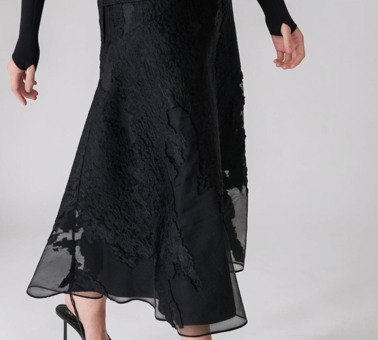 Black Textured Lace & Sheer Organza Midi Skirt -Above the Crowd Boutique
