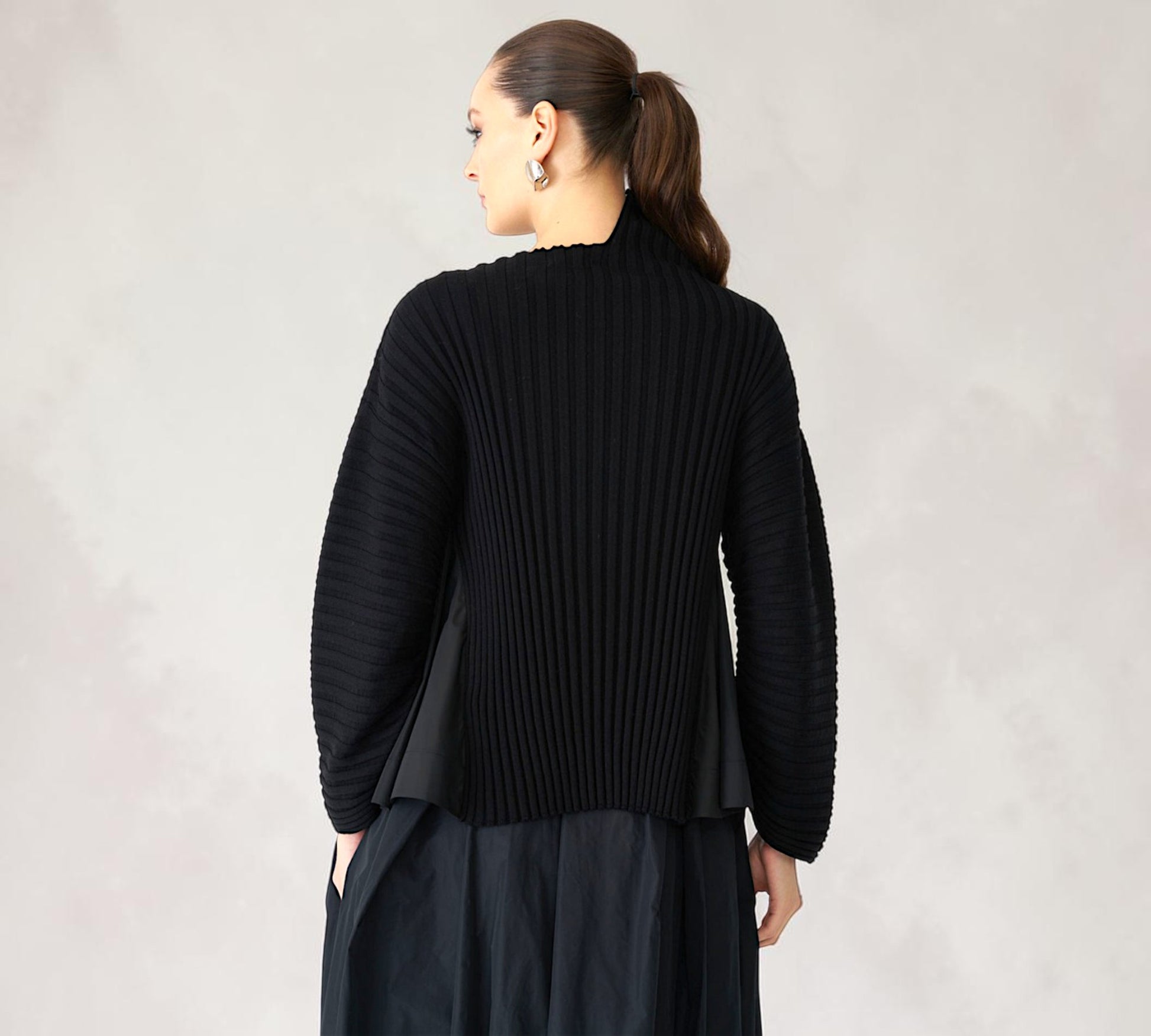 Black Ribbed Mixed-Media Statement Sweater with Textured Floral Appliqué - Above the Crowd Boutique
