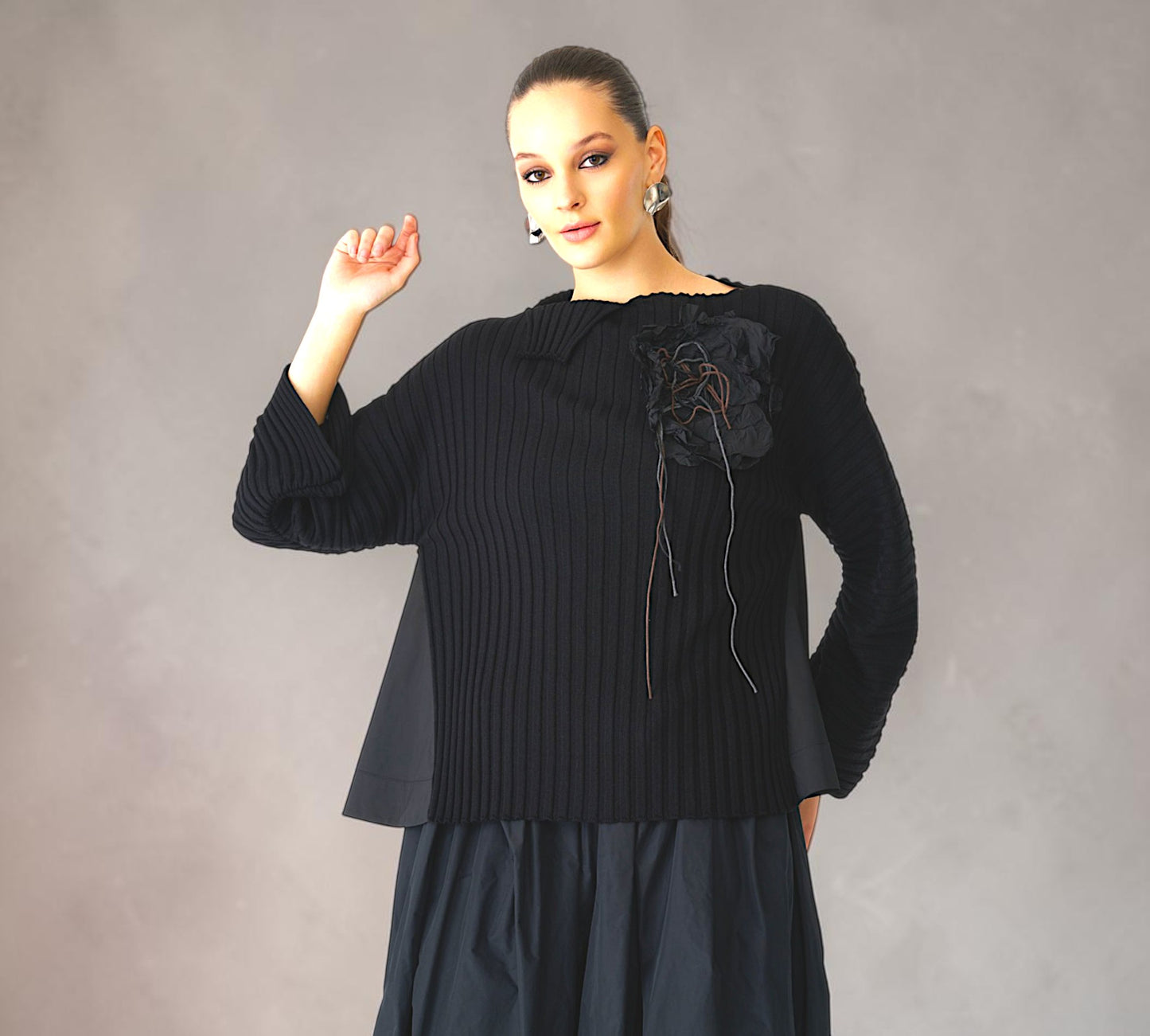 Black Ribbed Mixed-Media Statement Sweater with Textured Floral Appliqué - Above the Crowd Boutique