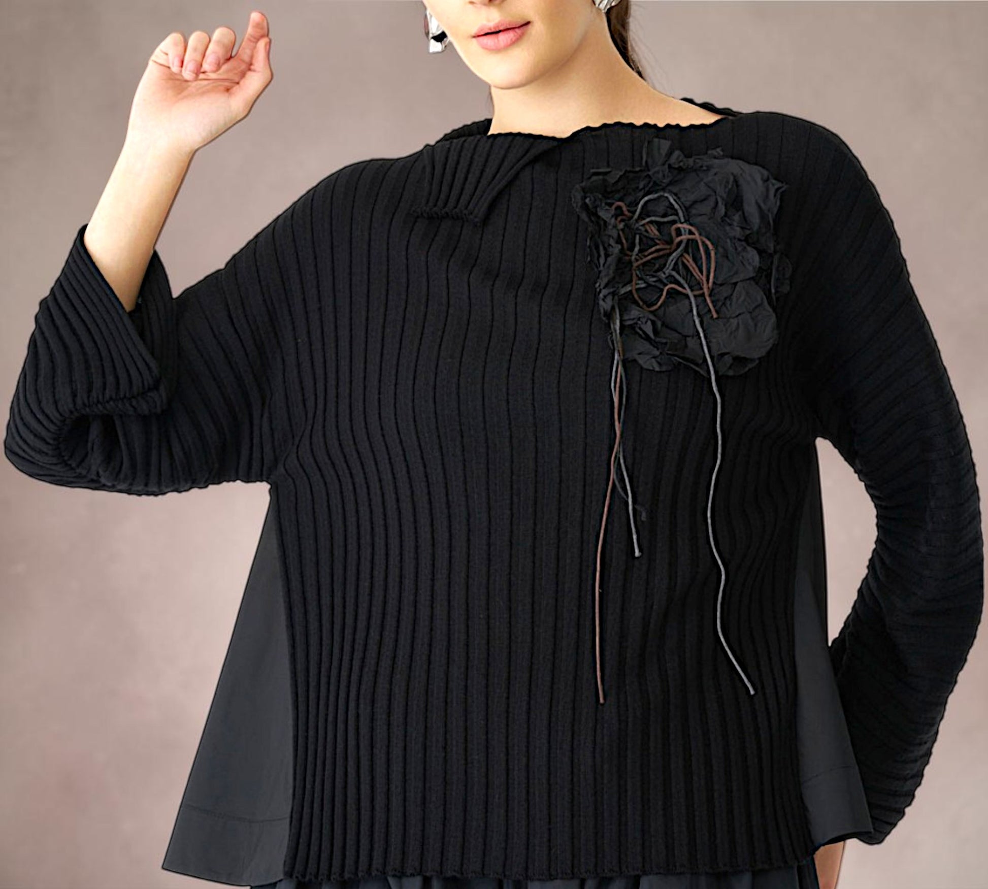 Black Ribbed Mixed-Media Statement Sweater with Textured Floral Appliqué - Above the Crowd Boutique
