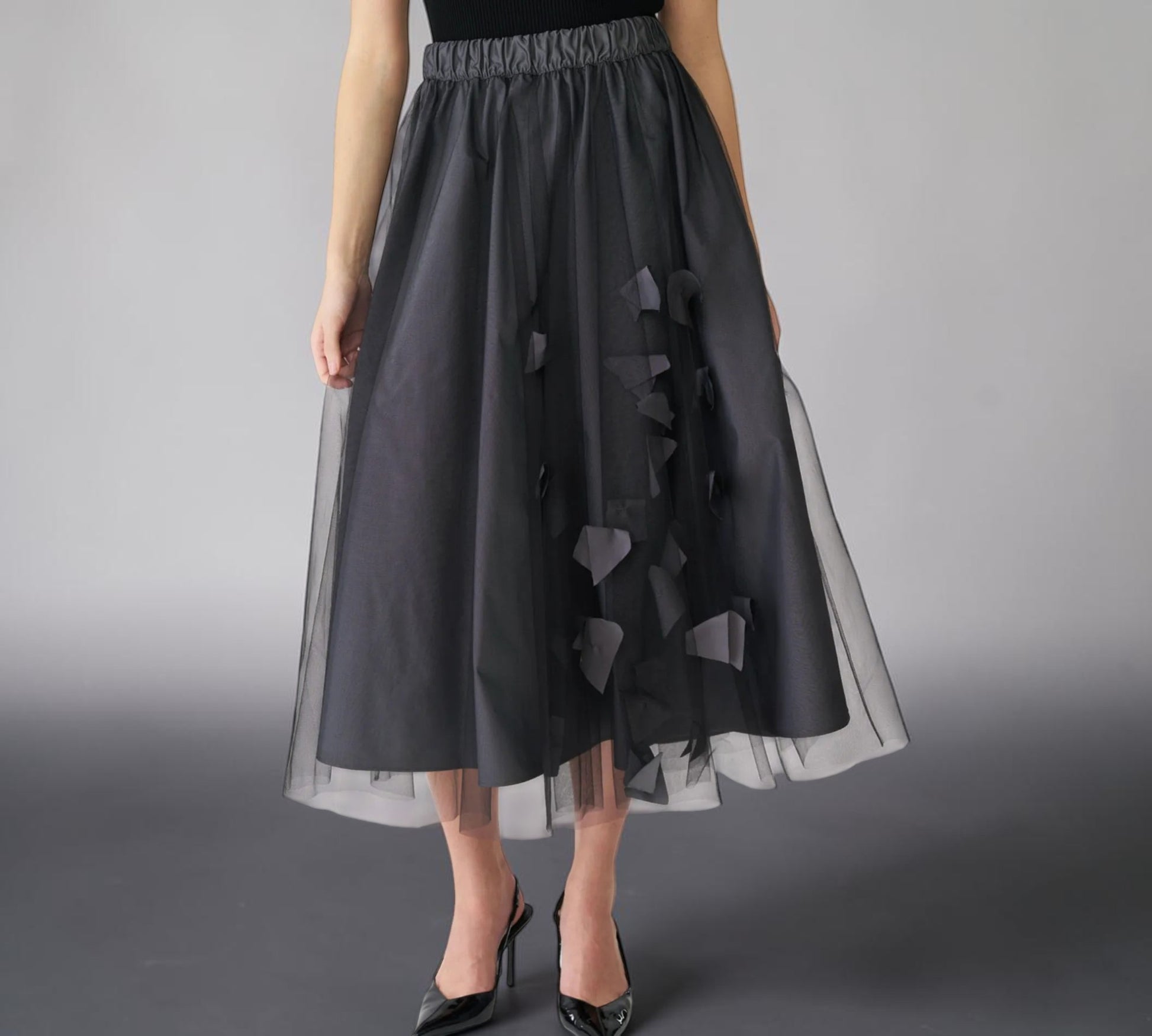Layered Tulle Midi Skirt with 3D Petal Appliqué - Above the Crowd Boutique