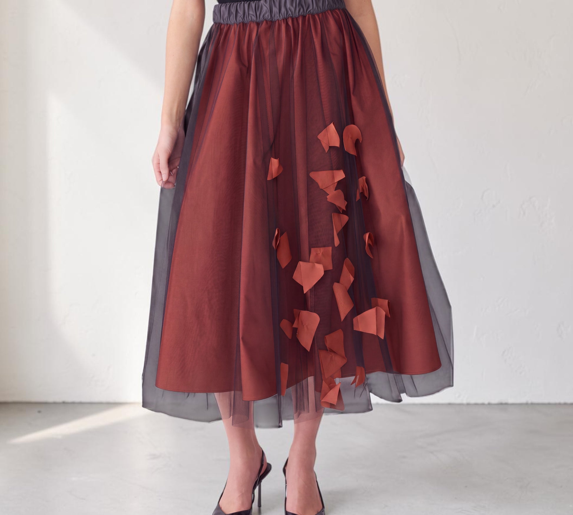 Layered Tulle Midi Skirt with 3D Petal Appliqué - Above the Crowd Boutique
