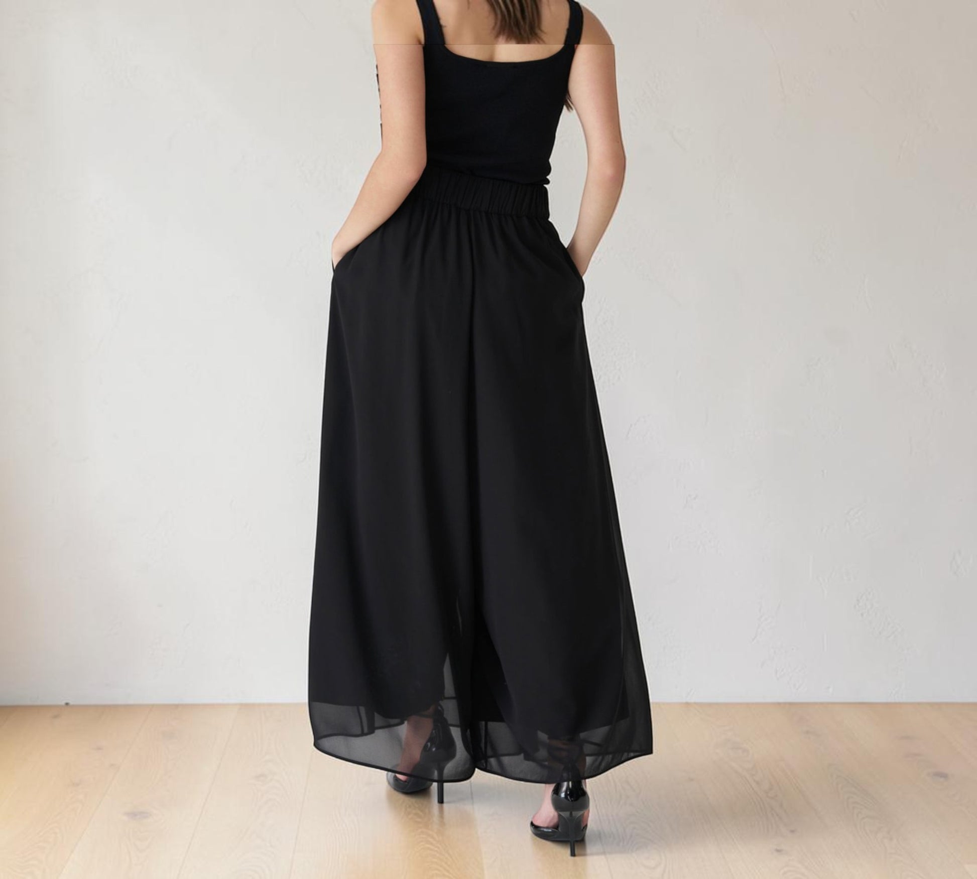 Black Pleated Chiffon Overlay Wide-Leg Pants - Above the Crowd Boutique