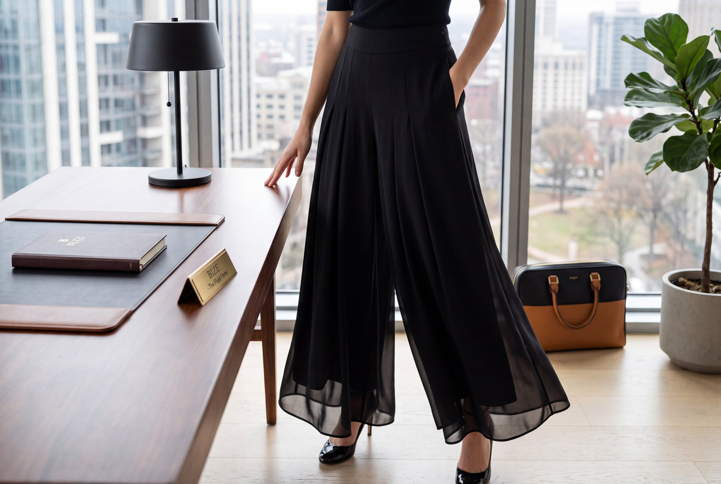 Black Pleated Chiffon Overlay Wide-Leg Pants - Above the Crowd Boutique