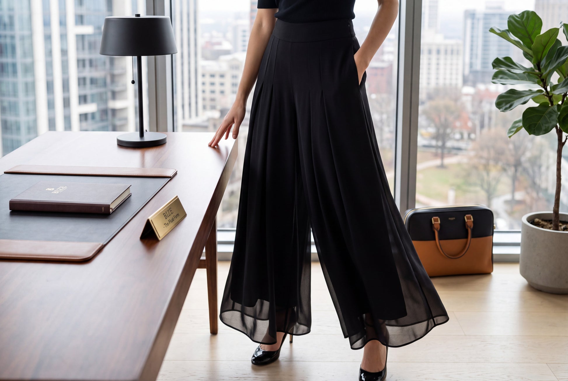 Black Pleated Chiffon Overlay Wide-Leg Pants - Above the Crowd Boutique