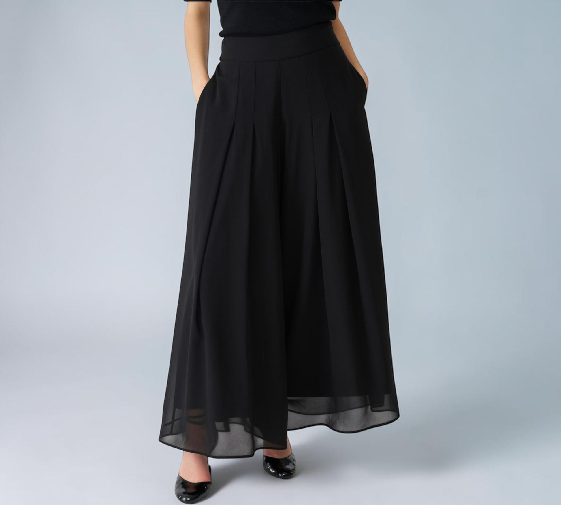 Black Pleated Chiffon Overlay Wide-Leg Pants - Above the Crowd Boutique