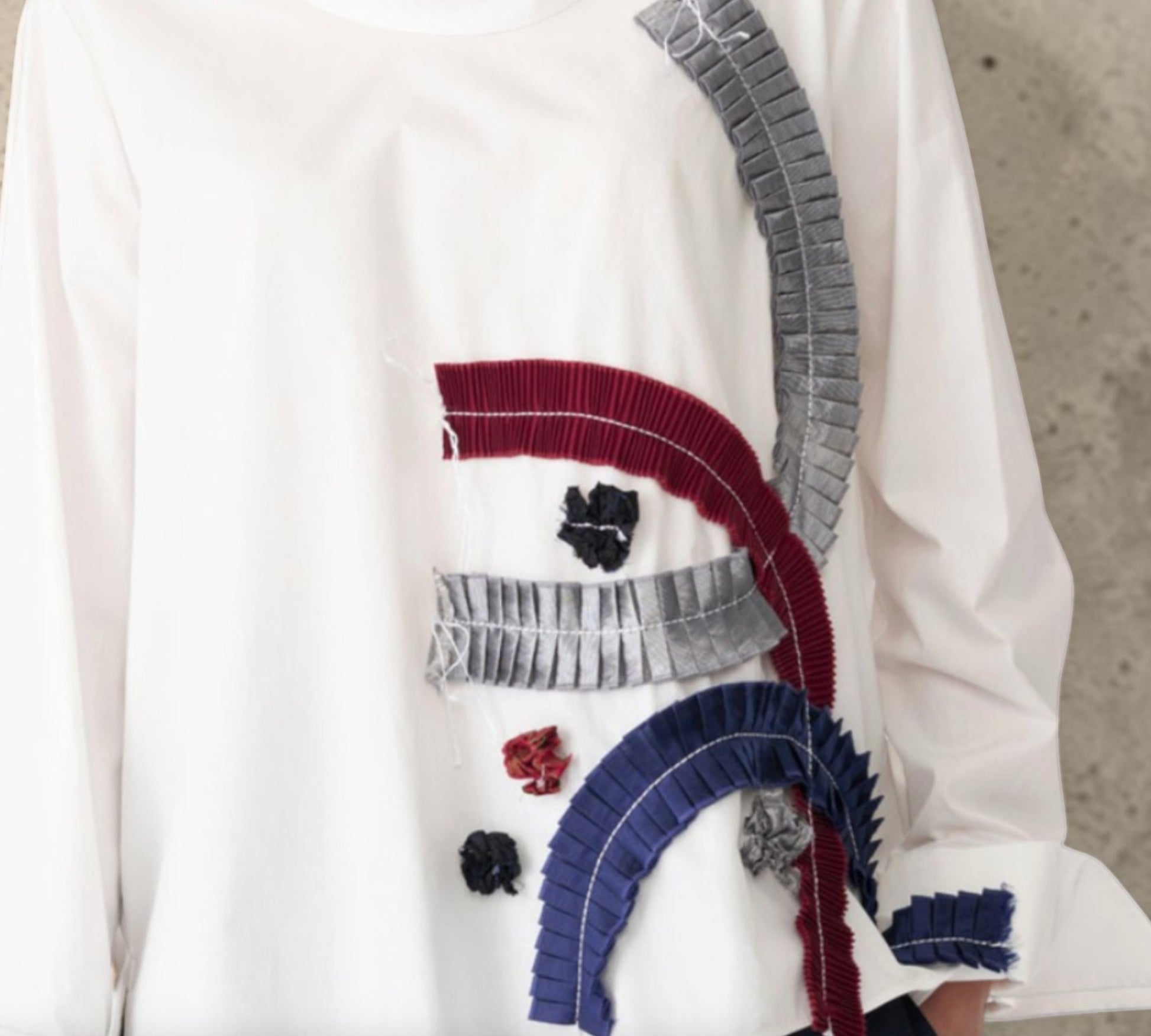 White Abstract Pleated Appliqué Statement Blouse - Above the Crowd Boutique