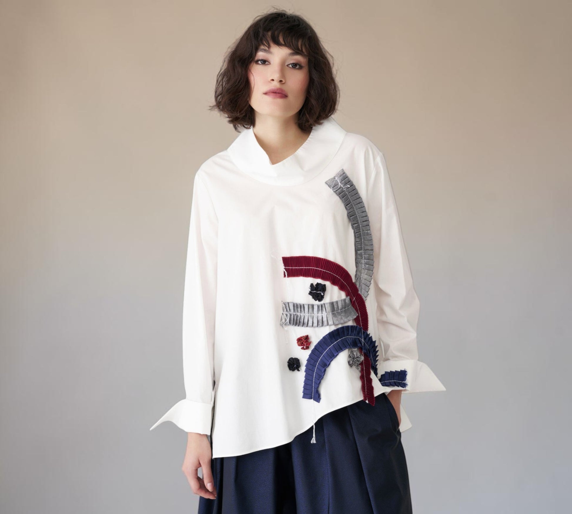 White Abstract Pleated Appliqué Statement Blouse - Above the Crowd Boutique