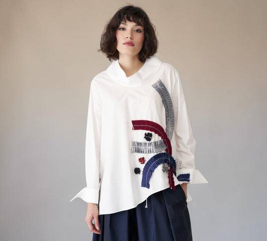 White Abstract Pleated Appliqué Statement Blouse - Above the Crowd Boutique