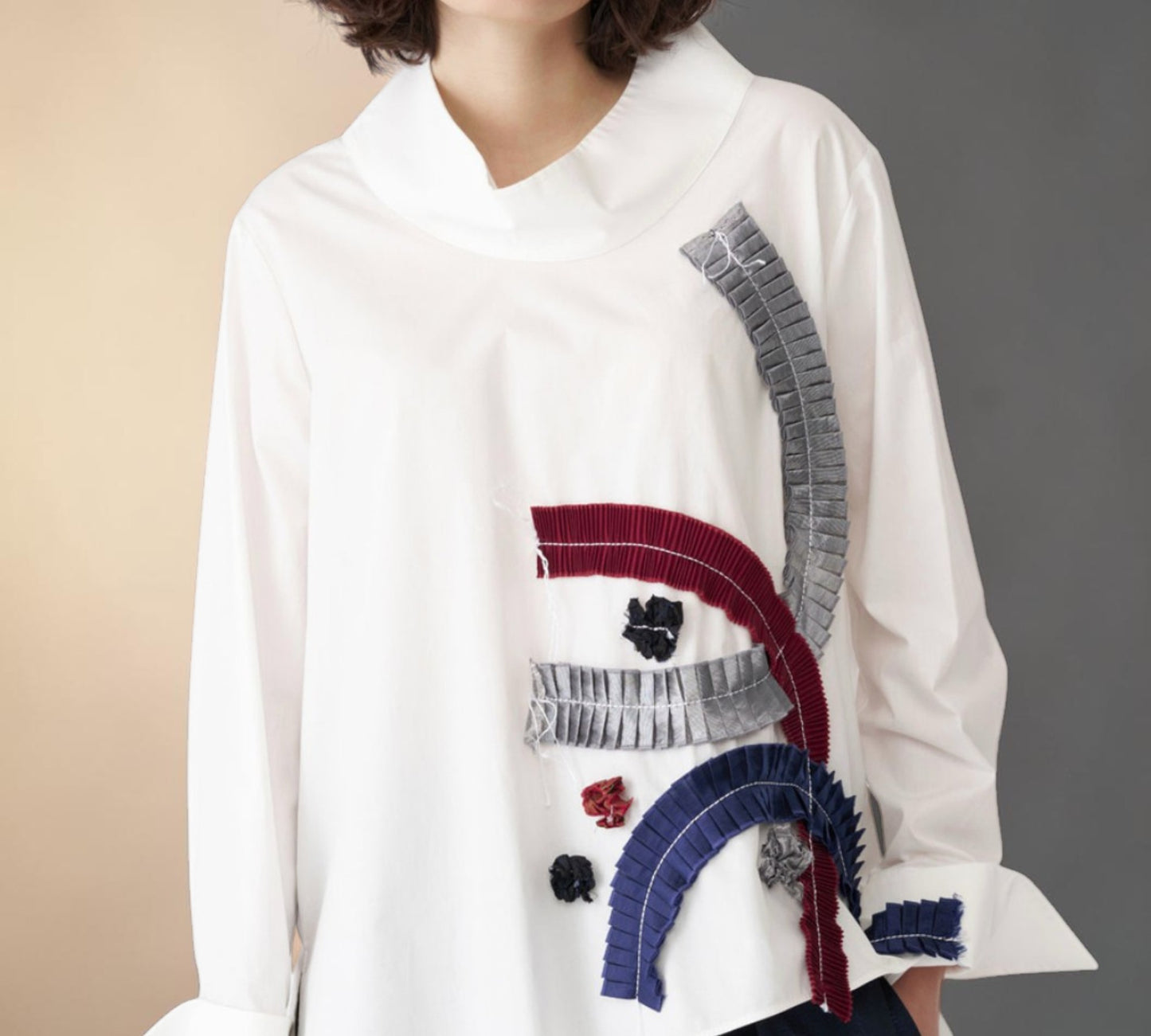 White Abstract Pleated Appliqué Statement Blouse - Above the Crowd Boutique