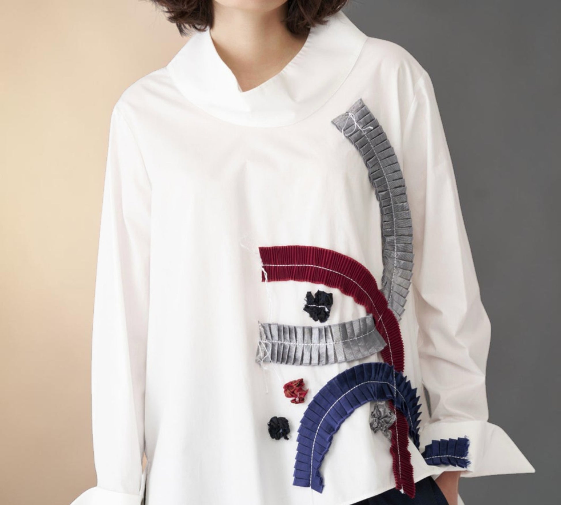 White Abstract Pleated Appliqué Statement Blouse - Above the Crowd Boutique
