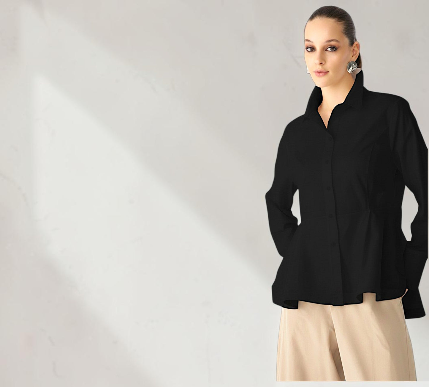 Black Sculptural High-Low Peplum Button-Down Shirt - Above the Crowd Boutique 