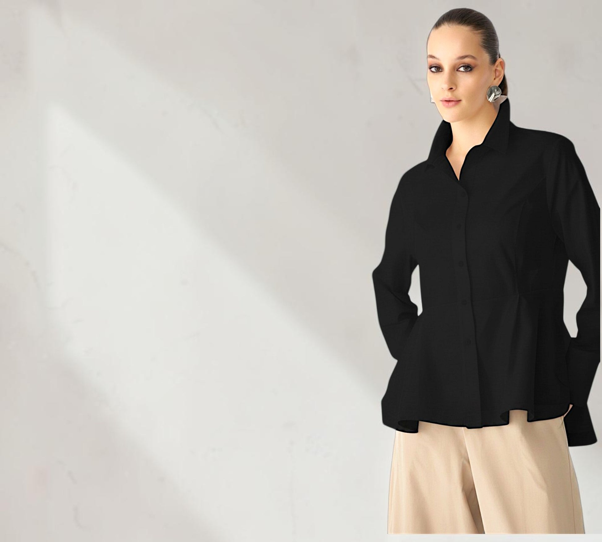 Black Sculptural High-Low Peplum Button-Down Shirt - Above the Crowd Boutique 
