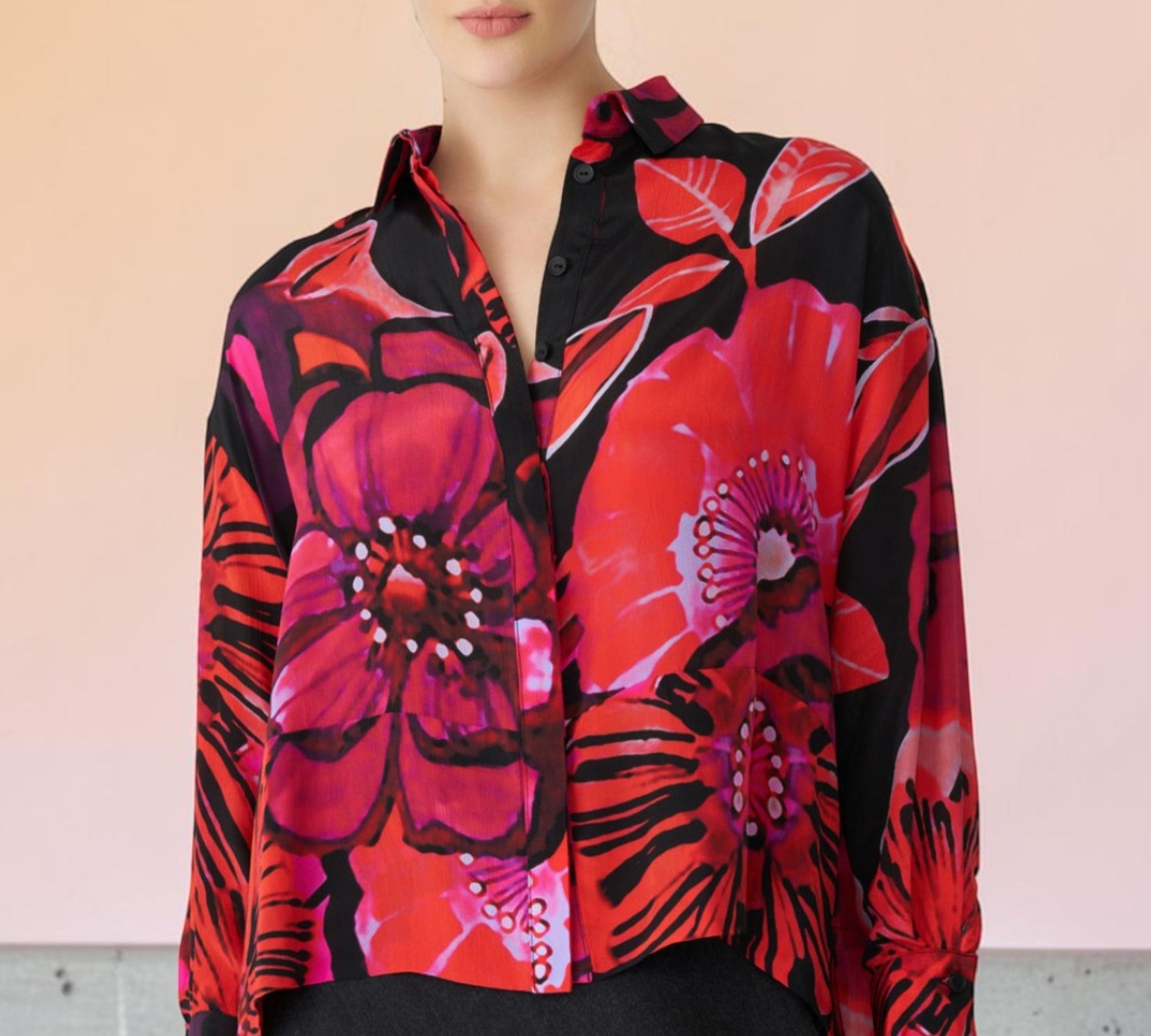 Black & Red Oversized Floral Button-Down Shirt - Above the Crowd Boutique