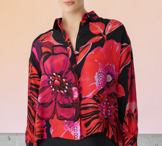 Black & Red Oversized Floral Button-Down Shirt - Above the Crowd Boutique