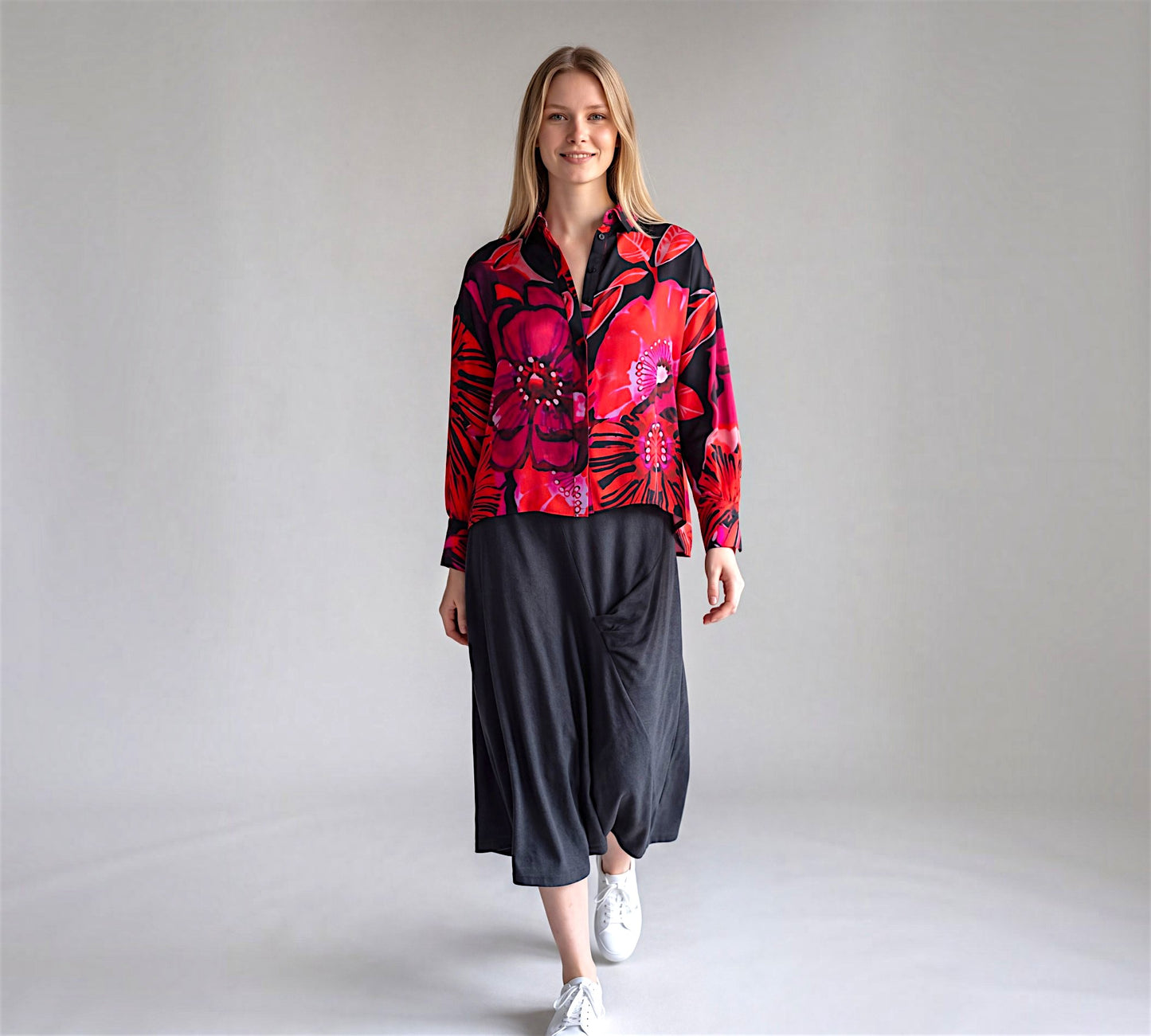 Black & Red Oversized Floral Button-Down Shirt - Above the Crowd Boutique