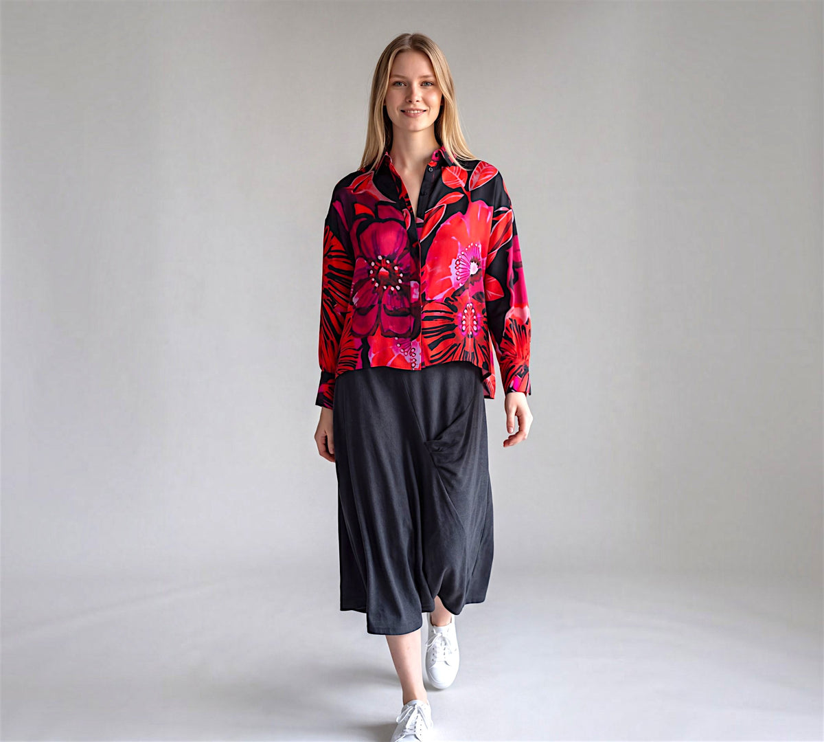 Black & Red Oversized Floral Button-Down Shirt - Above the Crowd Boutique
