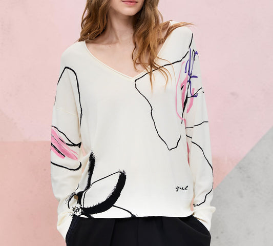 Abstract Floral V-Neck Knit Sweater - Above the Crowd Boutique