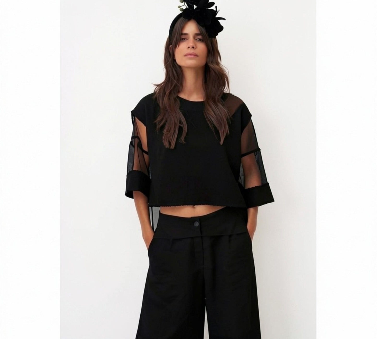 Bize Sheer Panel Cropped Blouse