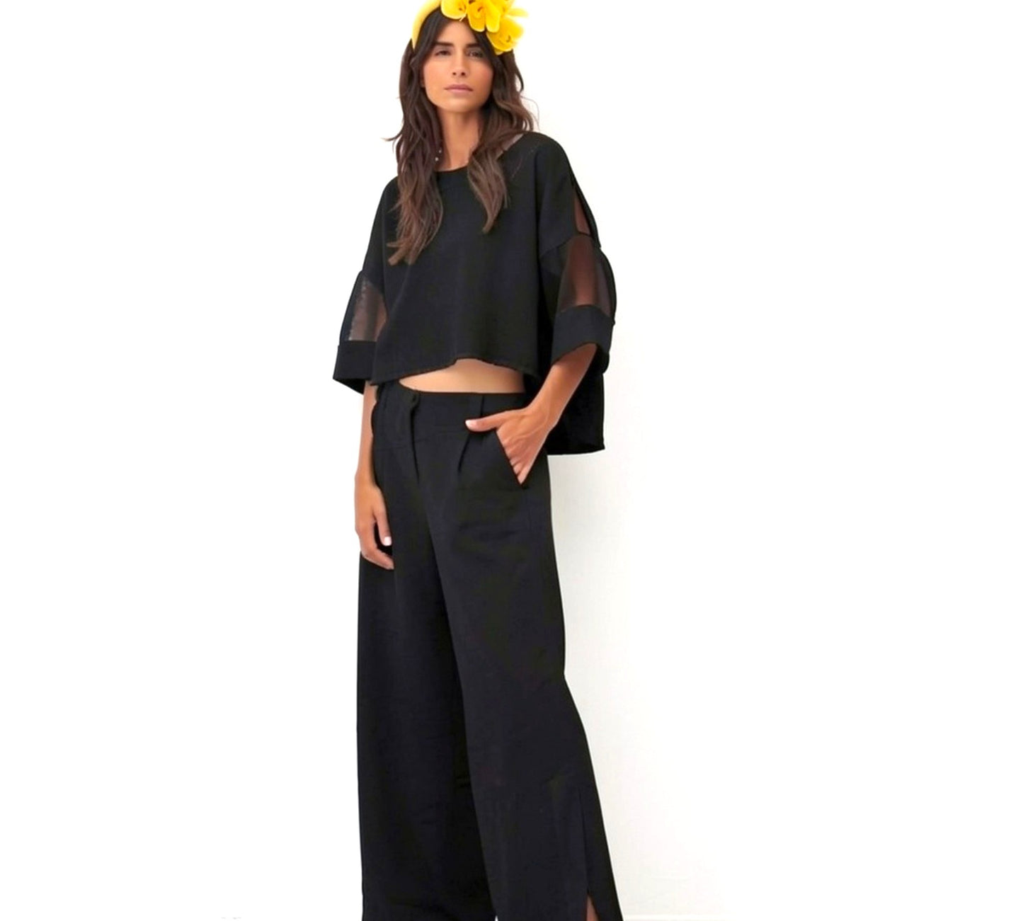 Bize Sheer Panel Cropped Blouse