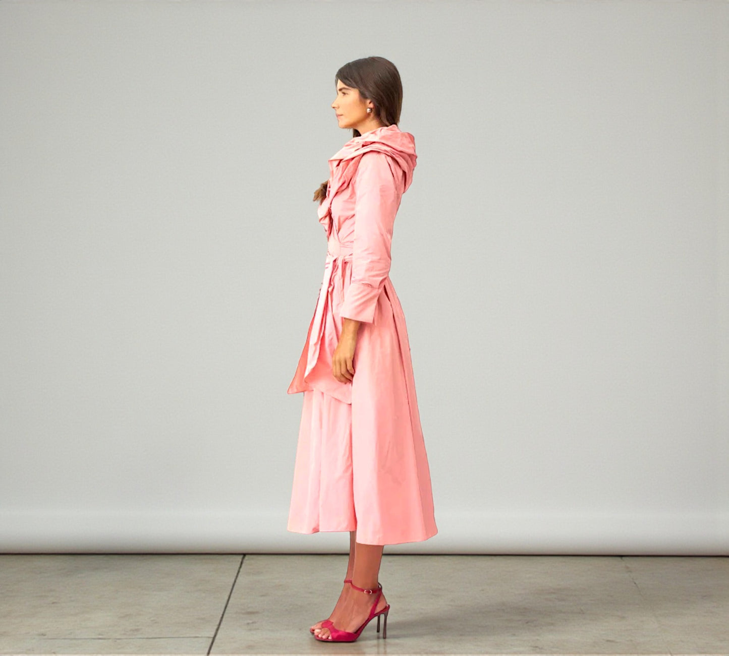 Bize Blush Pink Wrap Midi Dress with Sculptural Ruffle Collar - Above the Crowd Boutique