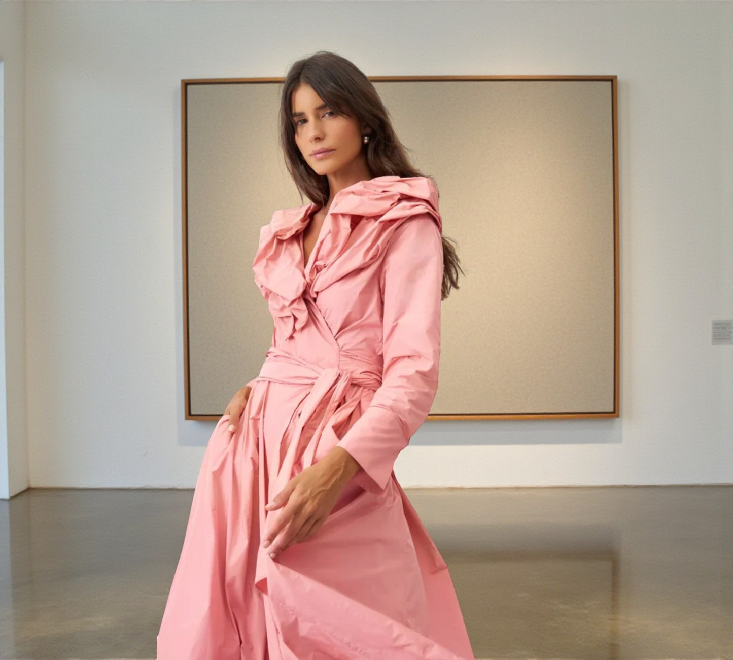 Bize Blush Pink Wrap Midi Dress with Sculptural Ruffle Collar - Above the Crowd Boutique
