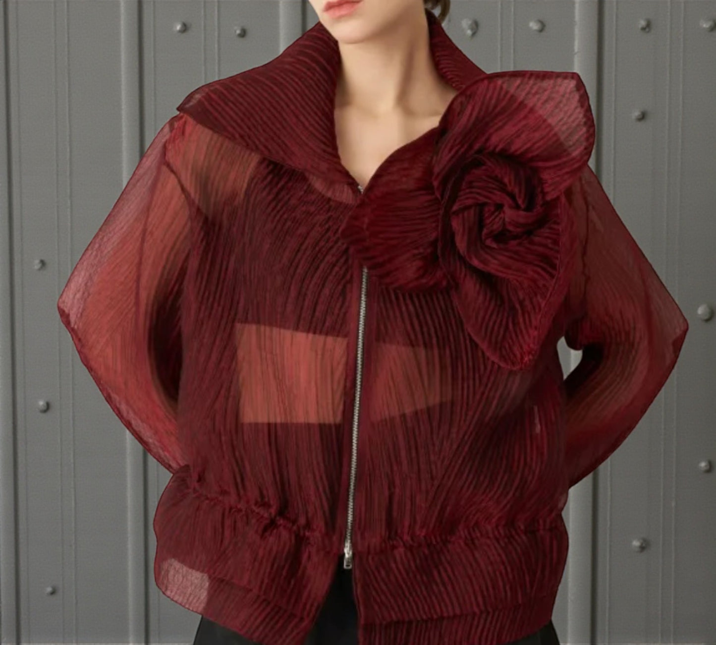 Bize Sheer Pleated Organza Bomber Jacket with Statement Rose - Above the Crowd Butique
