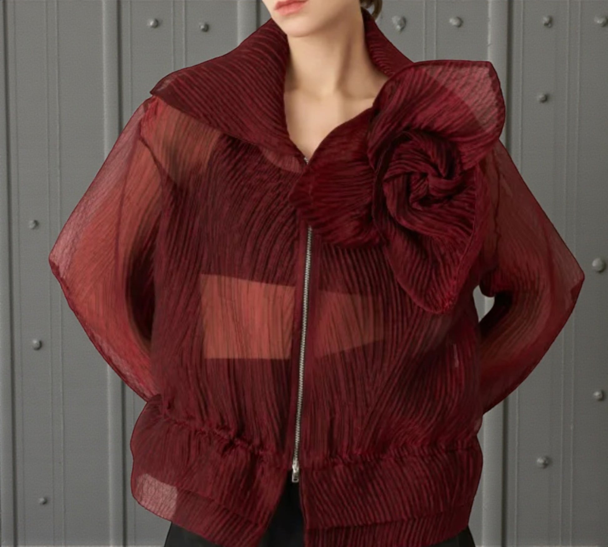 Bize Sheer Pleated Organza Bomber Jacket with Statement Rose - Above the Crowd Butique