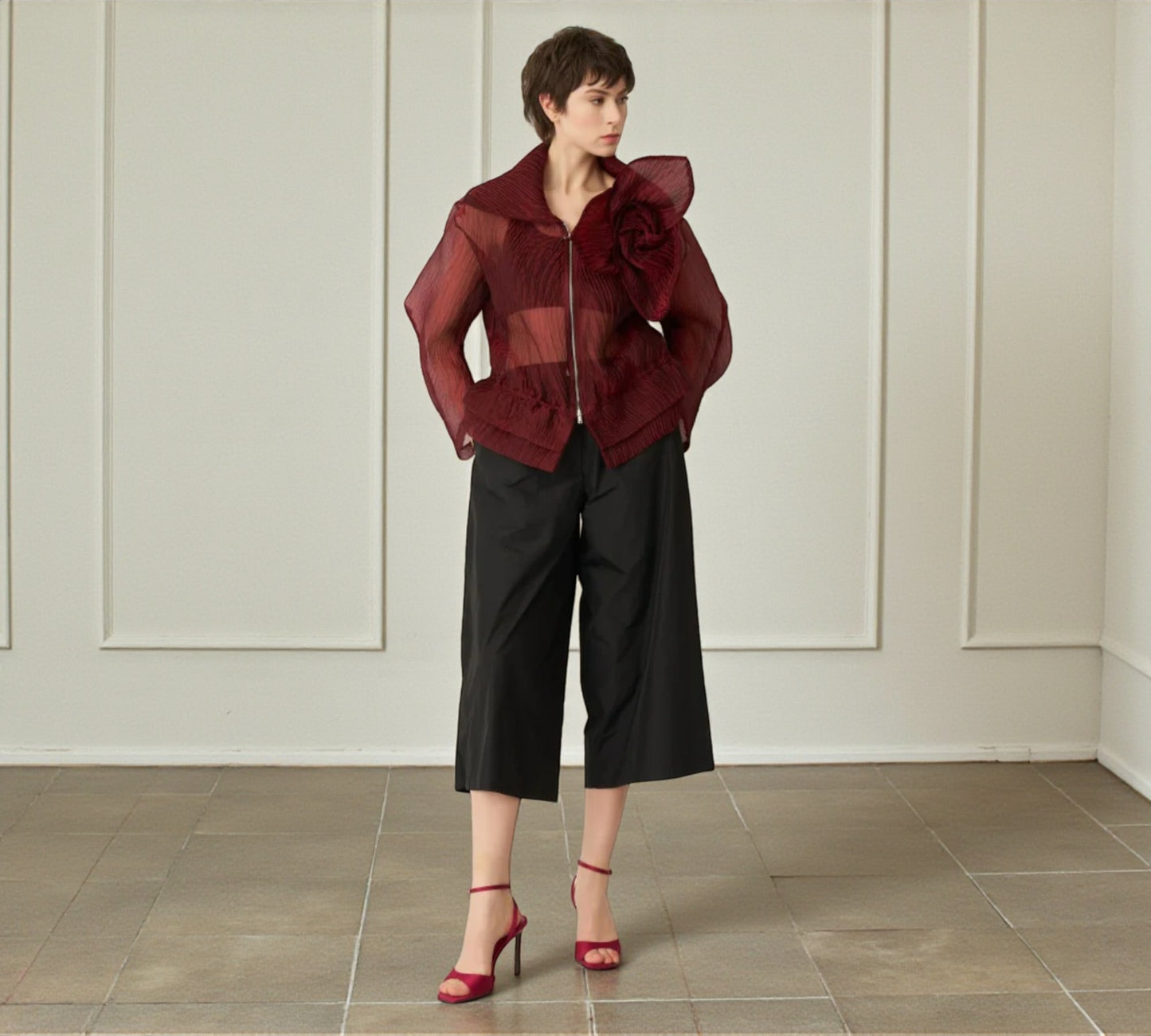 Bize Sheer Pleated Organza Bomber Jacket with Statement Rose - Above the Crowd Butique