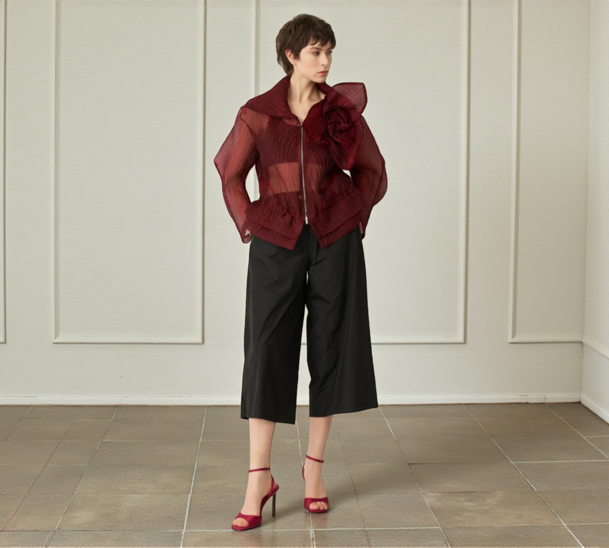 Bize Sheer Pleated Organza Bomber Jacket with Statement Rose - Above the Crowd Butique
