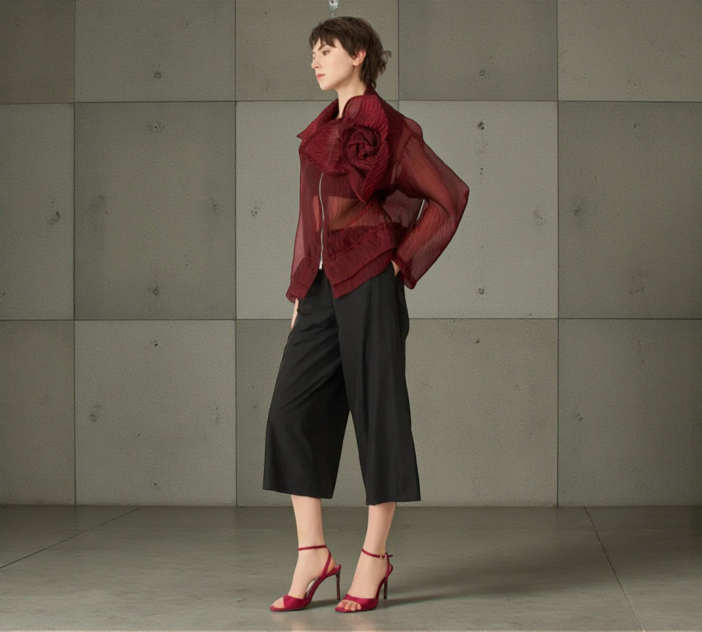 Bize Sheer Pleated Organza Bomber Jacket with Statement Rose - Above the Crowd Butique