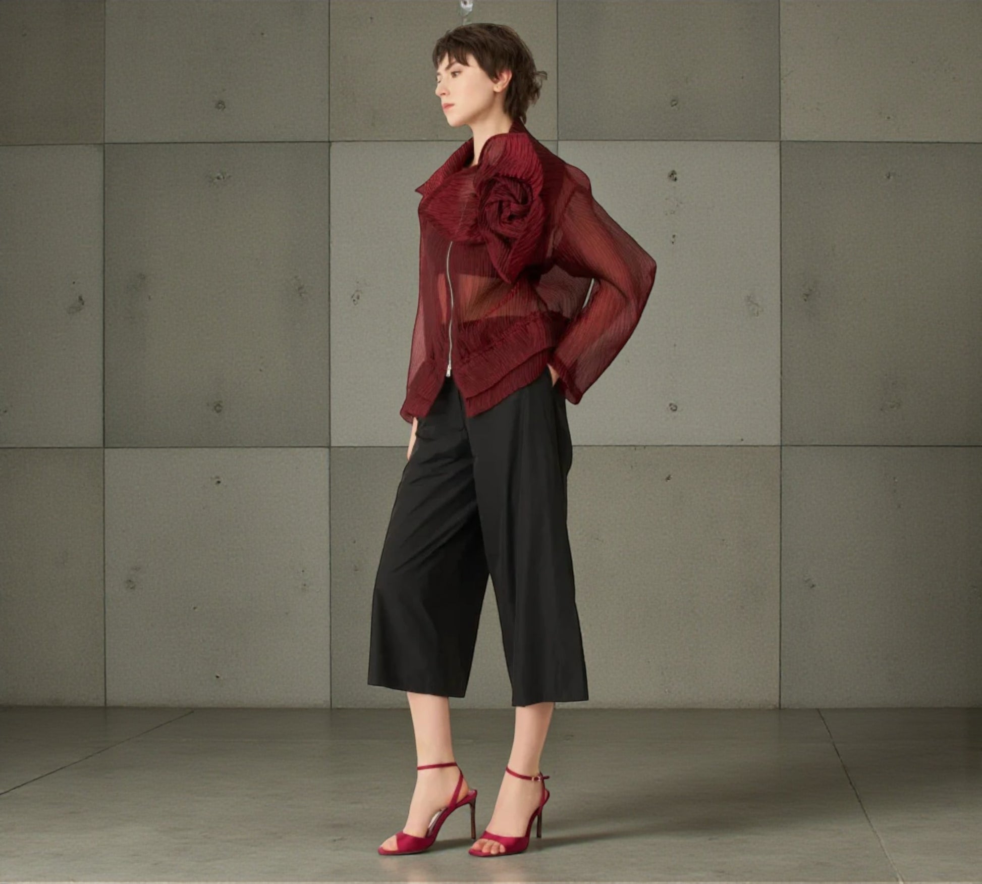 Bize Sheer Pleated Organza Bomber Jacket with Statement Rose - Above the Crowd Butique