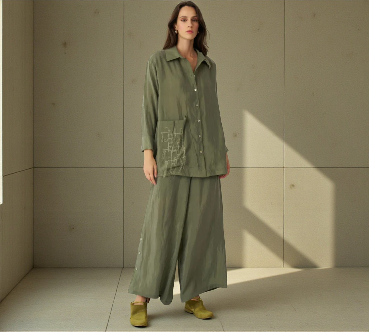 Bize Sage Green Oversized Shirt with Artistic Pocket Detail - Above the Crowd Boutique