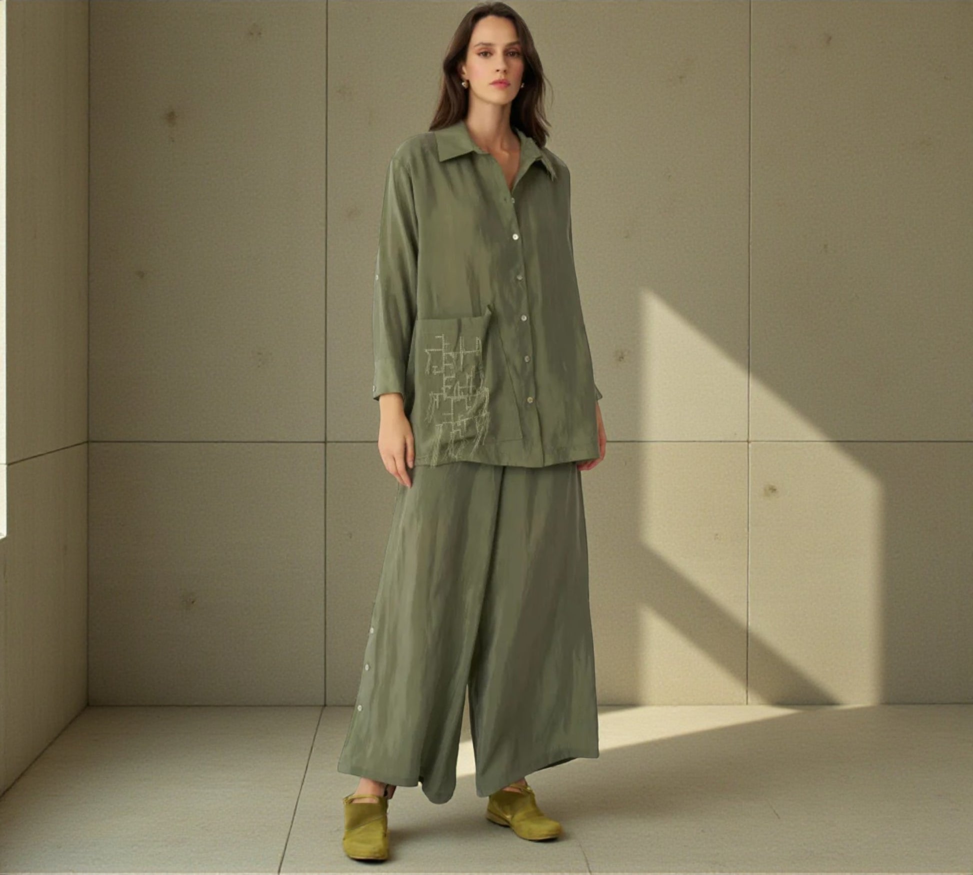 Bize Sage Green Oversized Shirt with Artistic Pocket Detail - Above the Crowd Boutique